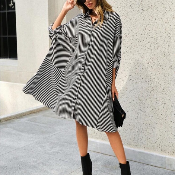 Oversized Loose Fit Striped Batwing Sleeve Asymmetrical Hem Button Shirt Dress - Picture 6 of 6